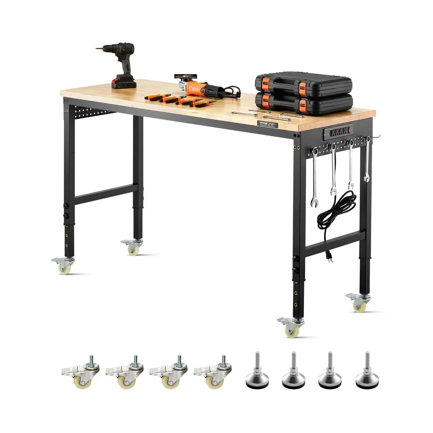 VEVOR 60x22 in Heavy-Duty Oak Wood Top Workbench, 2000 lbs Heavy Duty Load, Adjustable with Power Outlet, Wheels, Pegboard, Pegboard Hooks, for Garage, Workshop