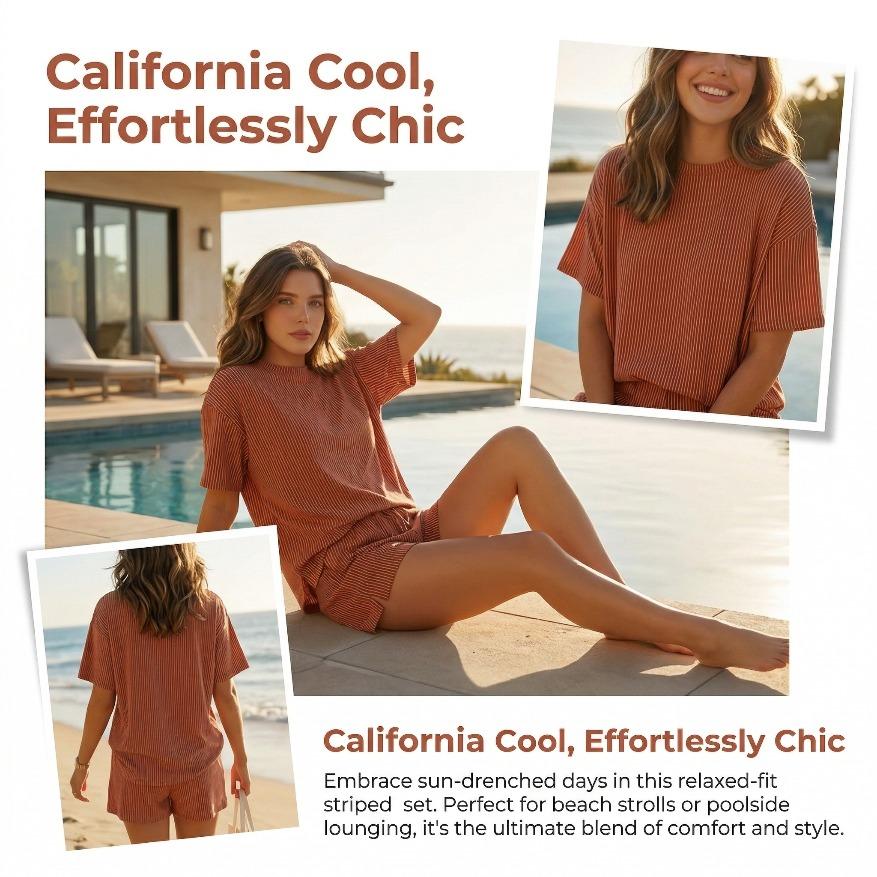 Summer Women's Ribbed Knit Lounge Set - Short Sleeve Crew Neck Top & High Waisted Shorts with Pockets, Soft Pajamas Loungewear Mother's Day Gift