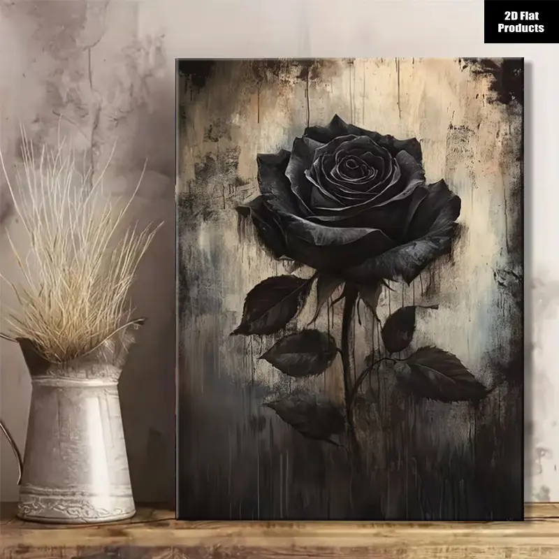 1pc Vintage Black Rose 2D Flat Framed Canvas - Wrap-Around Wood Frame Botanical Print, Modern Minimalist Wall Decor, 1-Piece Botanical Style Wall Arts for Bedroom, Dining Room, Kid Room, Ideal Home Decor Gift, One-Piece, Floral Print