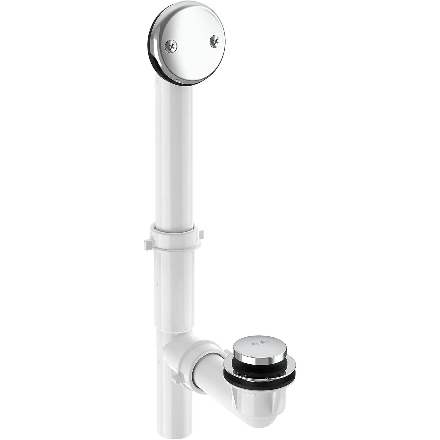1-1/2"" White Tubular Bath Drain Kit with Tip- Bath Drain Stopper, - Tub Drain, Tip  Bathtub Drain  and Overflow with Plug and Bathtub Overflow Drain Cover, Plated Chrome