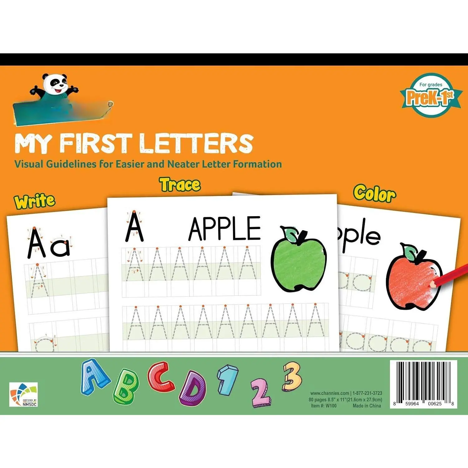 Channie’s My First Letters,  -  Writing Workbook, Fun Way to Practice Letter Tracing for  Ages 3-5, Easy to Follow, Color-Coded, 40 Double-Printed Worksheets