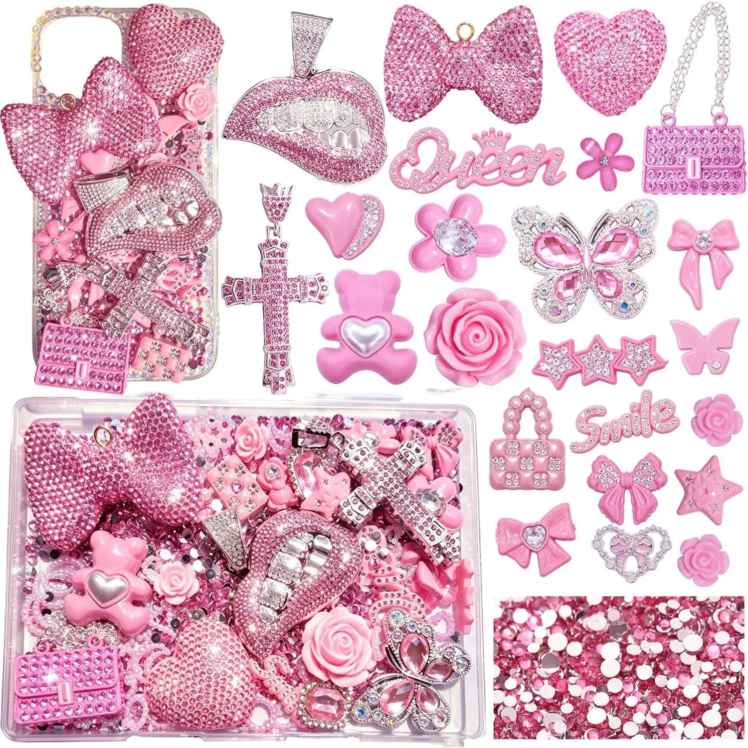Pink Junk Case Charms Kit,Junks Phone Cases,Large Charm Kit with 3D Rhinestone Cool teeth / lips / Bows / Chain Bags / Hearts / Cross / Flowers,Big Charms for Customizing DIY Cases,Flatback Rhinestone for Customizing DIY Craft Accessories