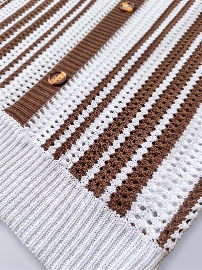 Women's Colorblock Striped Print Fake Buttons Hollow Out Sweater Vest, Casual Sleeveless Straps Knit Top for Summer, Ladies Clothes for Daily Wear