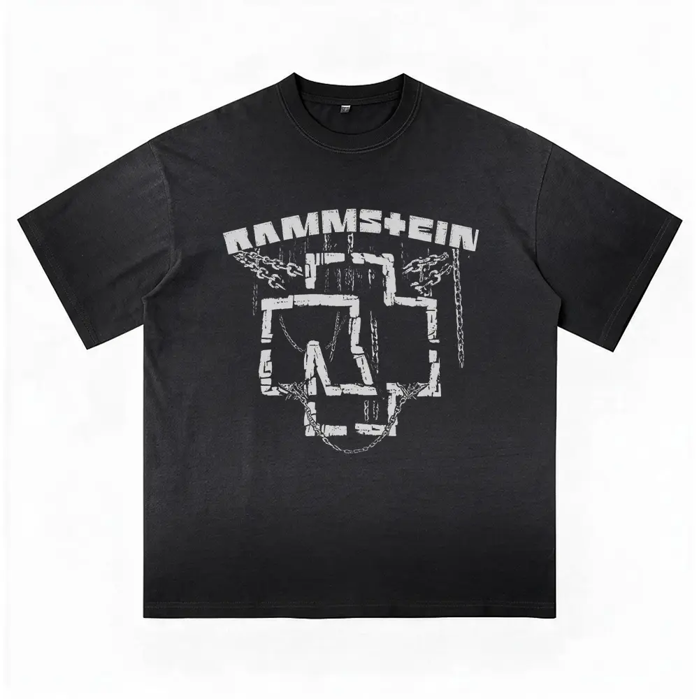 Oversized Acid Washed T-Shirts, Vintage Unisex Cotton Tee with Rammstein Industrial Graphic, Men's Street Wear Graphic Clothing, Trendy Washed Shirt for Everyday