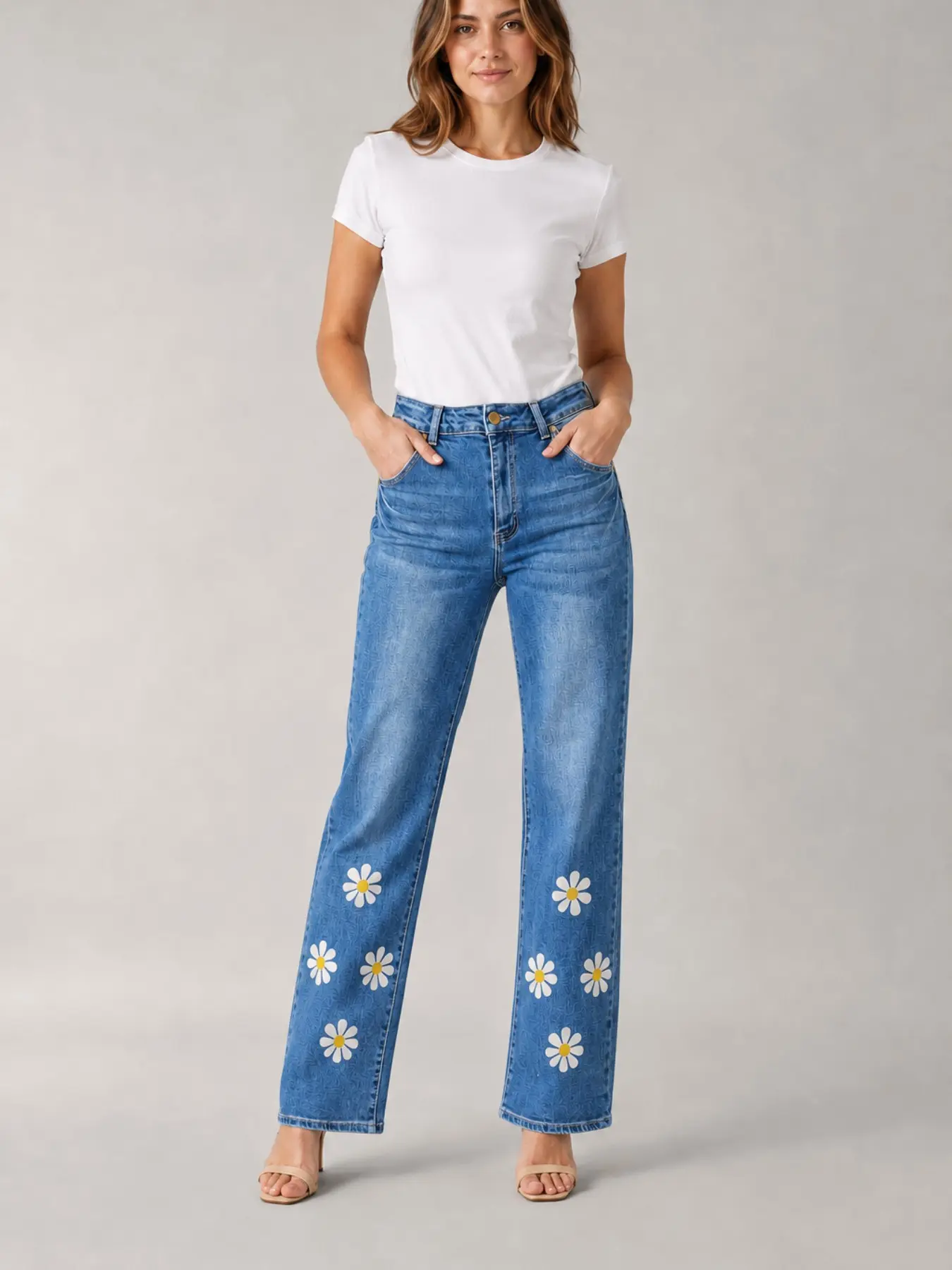 Women's High Waist Jeans, Blue Denim Long Pants, Cute Daisy Floral Print, Stretchy Casual Straight Leg, Daily Wear