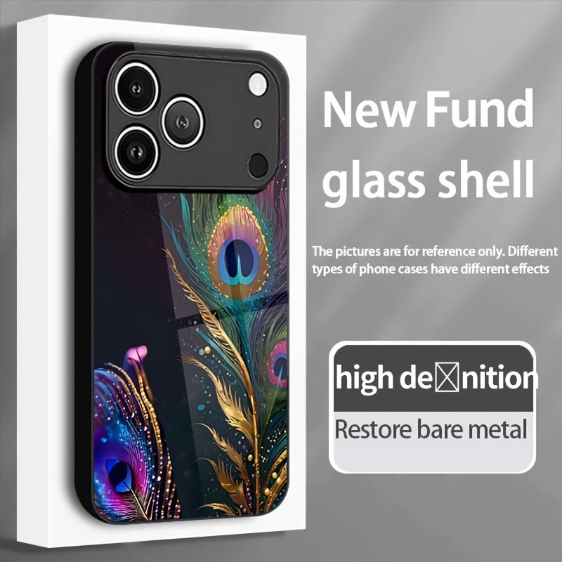Phone case: Peacock Feather Colorful Shimmering Print Pattern Elegant Style Tempered Glass Phone Case with Minimalist Design, Compatible for iphone17 17Air 16 Pro 15 Promax 14 Plus 13 12 11