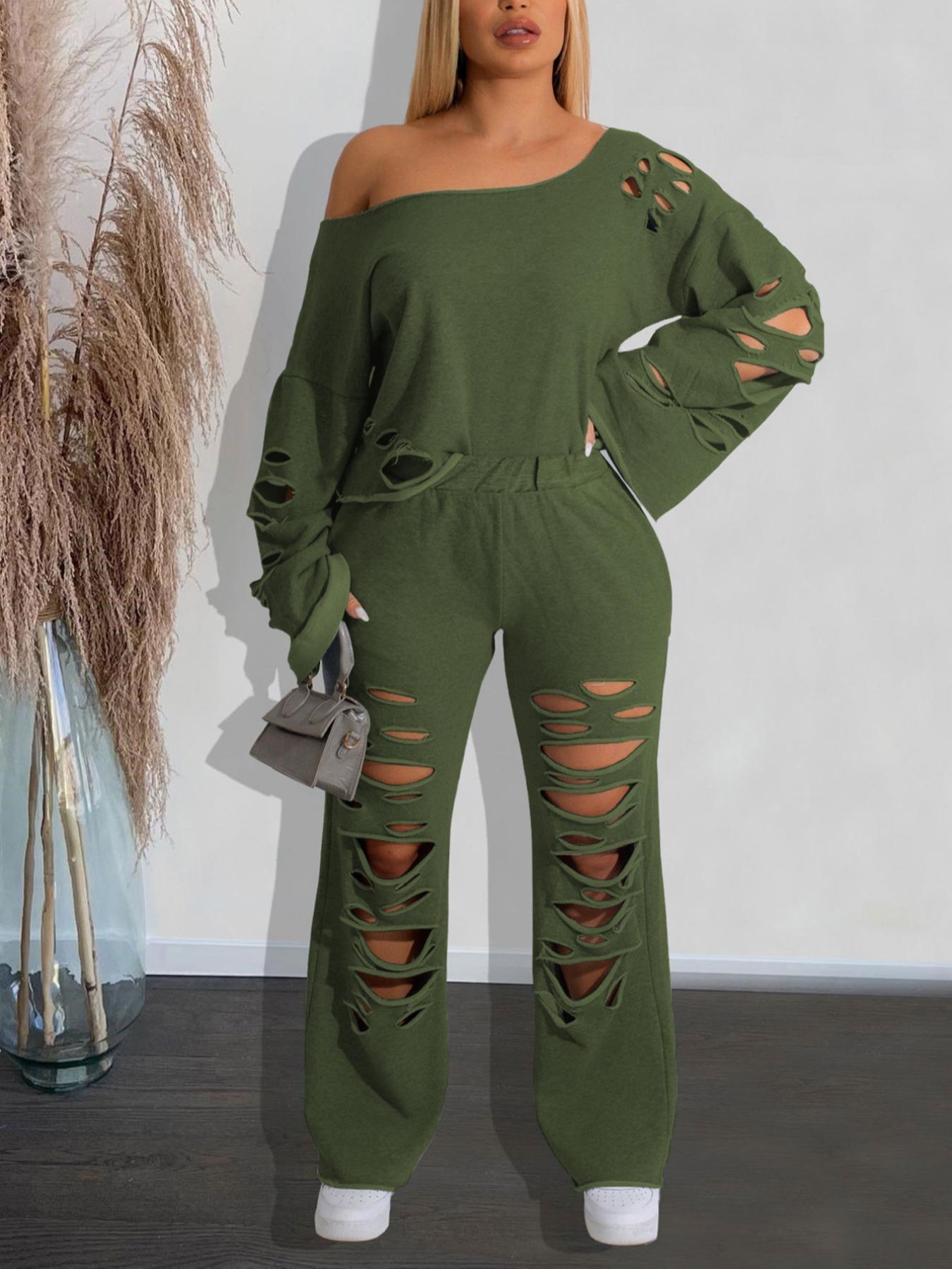 Women's Ripped Asymmetrical Neck Jersey Pullover & Wide Leg Pants Set, Solid Drop Shoulder Top & Ripped Trousers Set, Fashion Cozy Outfits for Daily Wear, Co-ord Sets for Women, Sweatsuit Set Outfit, Clothes
