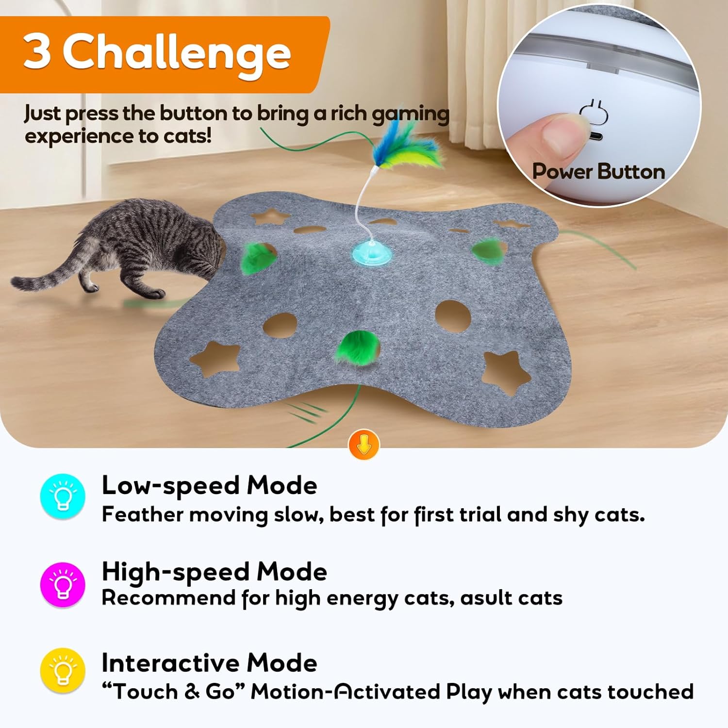 Interactive  Toys for Indoor Cats Exercise Toys Spin  Wand Tumbler Base,  Activate Mode Peek-A-Boo Felt Cover  Rechargeable