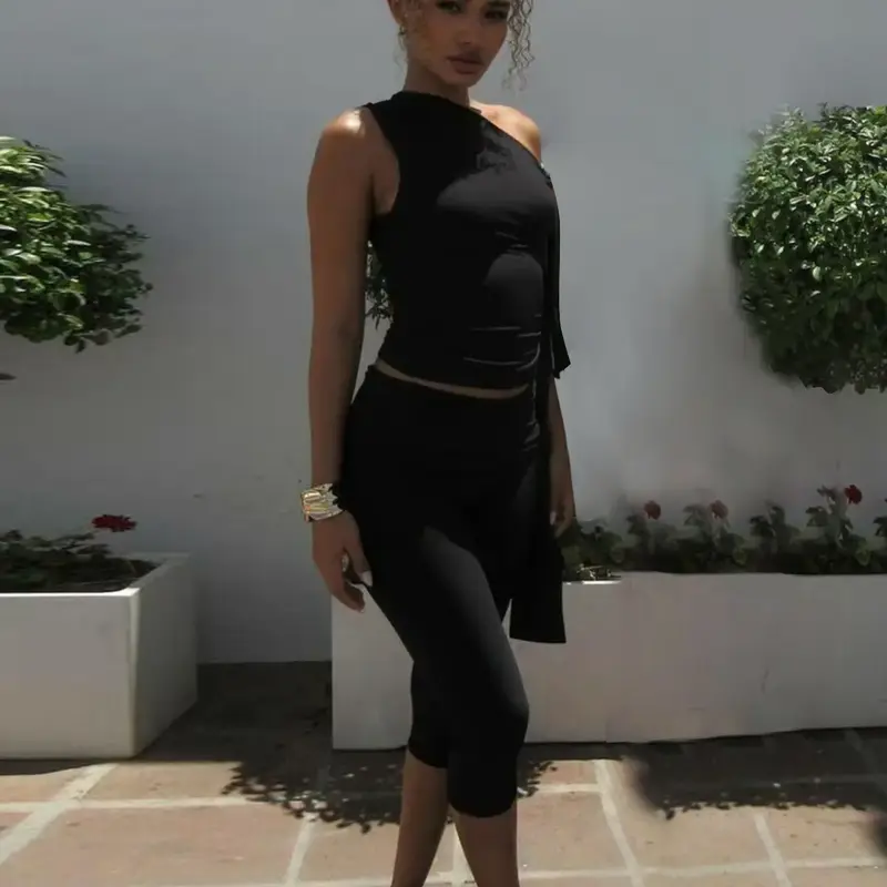 Two-Piece Set Women's Basic Solid Knot Asymmetrical Neck Crop Top & Pants Two-piece Set, Casual Sleeveless Top & Skinny Trousers for Summer, Ladies Clothes for Daily Wear, Pants Set Outfit