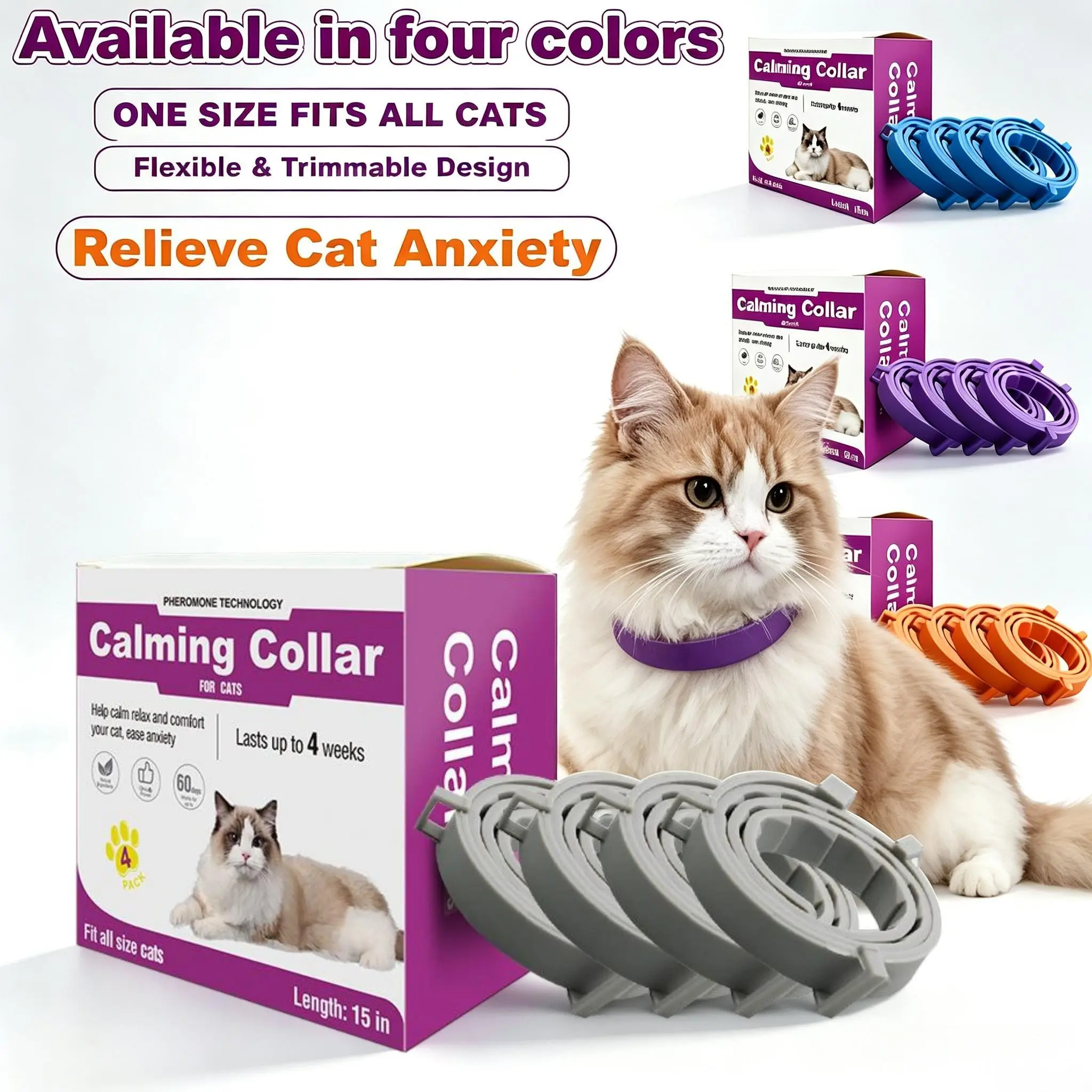Cat Calming Collar Set of 4, Pheromone Cat Collar, Adjustable Breakaway, Waterproof, Reduces Scratching, Noise Sensitivity, Separation Anxiety