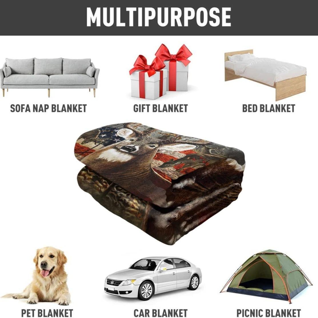 Deer & Flag Pattern Flannel Camping Blanket, Soft Warm Throw Blanket, Air-conditioned Room Blanket, Bedding Supplies for Home Office Travel