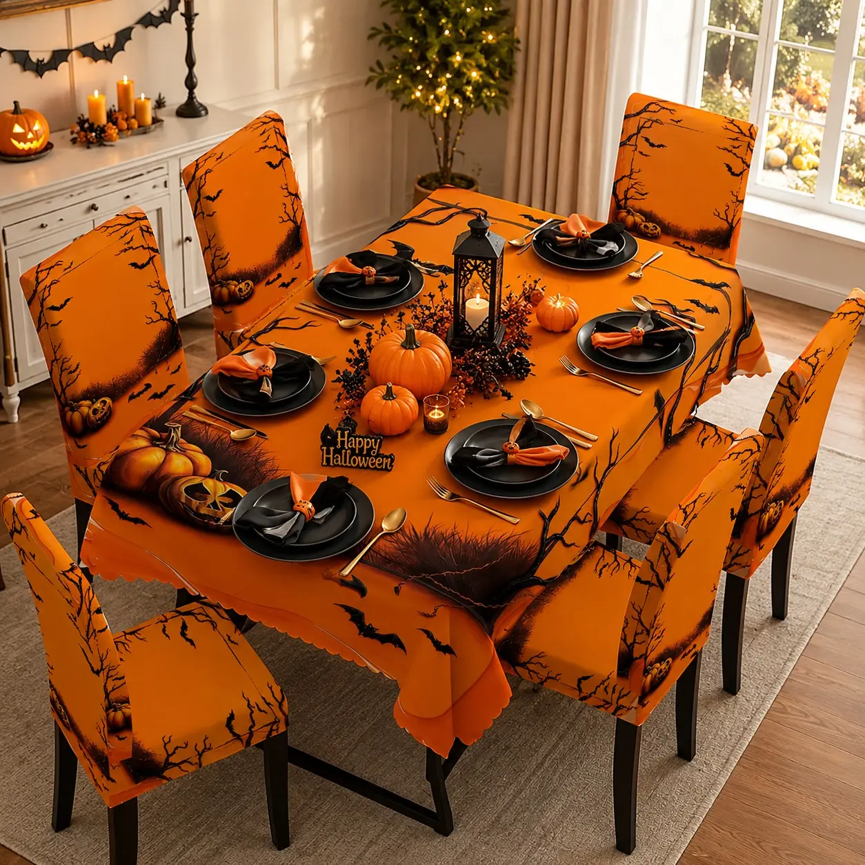 5/7 Pcs Orange Border Dead Tree Bat Pumpkin Halloween Print Tablecloth & Chair Cover Set, Spooky Fall Party Decor Supplies, Stretch Removable Washable Dining Chair Slipcover, For Halloween Parties, Family Gatherings & Home Table Decor