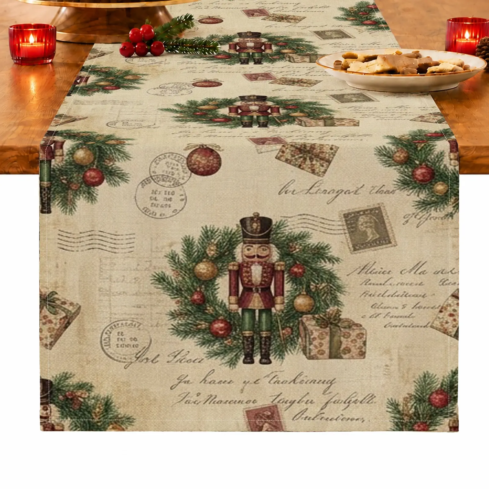 1pc Nutcracker Wreath Christmas Ball & Gift Box Table Runner, Durable Vintage Christmas Style, for Dining Table, Kitchen, Christmas Dinner & Holiday Gathering, Christmas Table Decoration