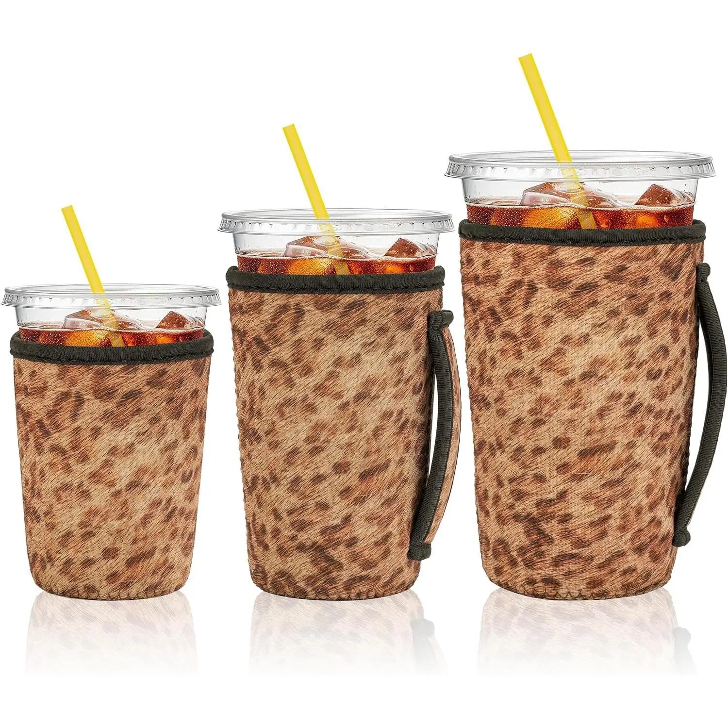 3 Pack  Iced Coffee Sleeves with Handle Neoprene Insulated Cup Sleeves for Hot & Cold Drinks, Fits 16–32 oz Cups, Compatible with , Dunkin &  (leopard print)