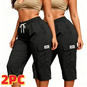 2PC Women's Cargo Capri Pants Elastic Waist Drawstring Solid Color Loose Sweatpants with Flap Pockets Daily Street Wear Casual Outdoor Women's Clothing