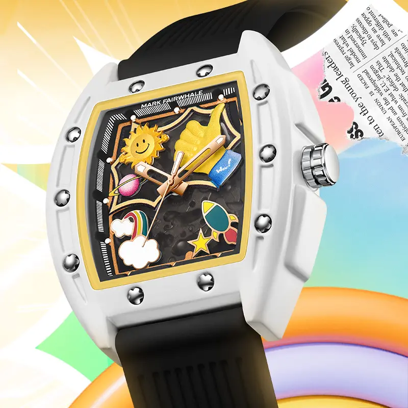 Mark Fairwhale Casual Tonneau 3D painting Dial Automatic Mechanical Movement Luminous Silicone Strap Fashion 6930 Watch For Men