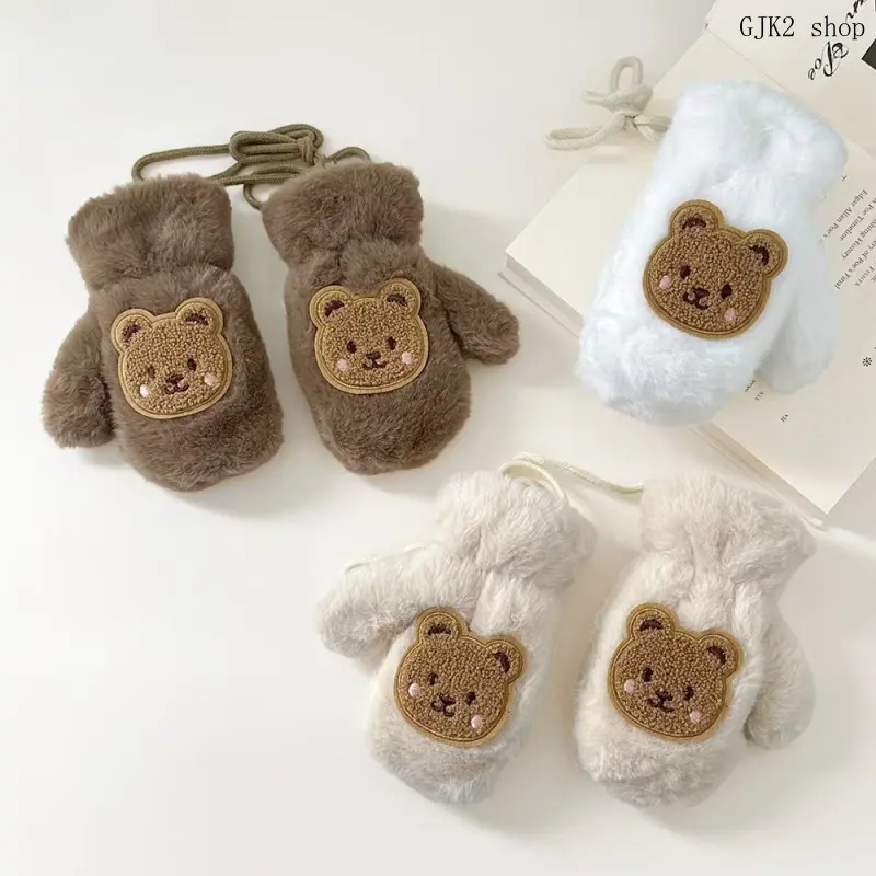 Kids Pl Mittens with String, Cute Bear Patch Fuzzy Warm Winter Gloves for Toddlers