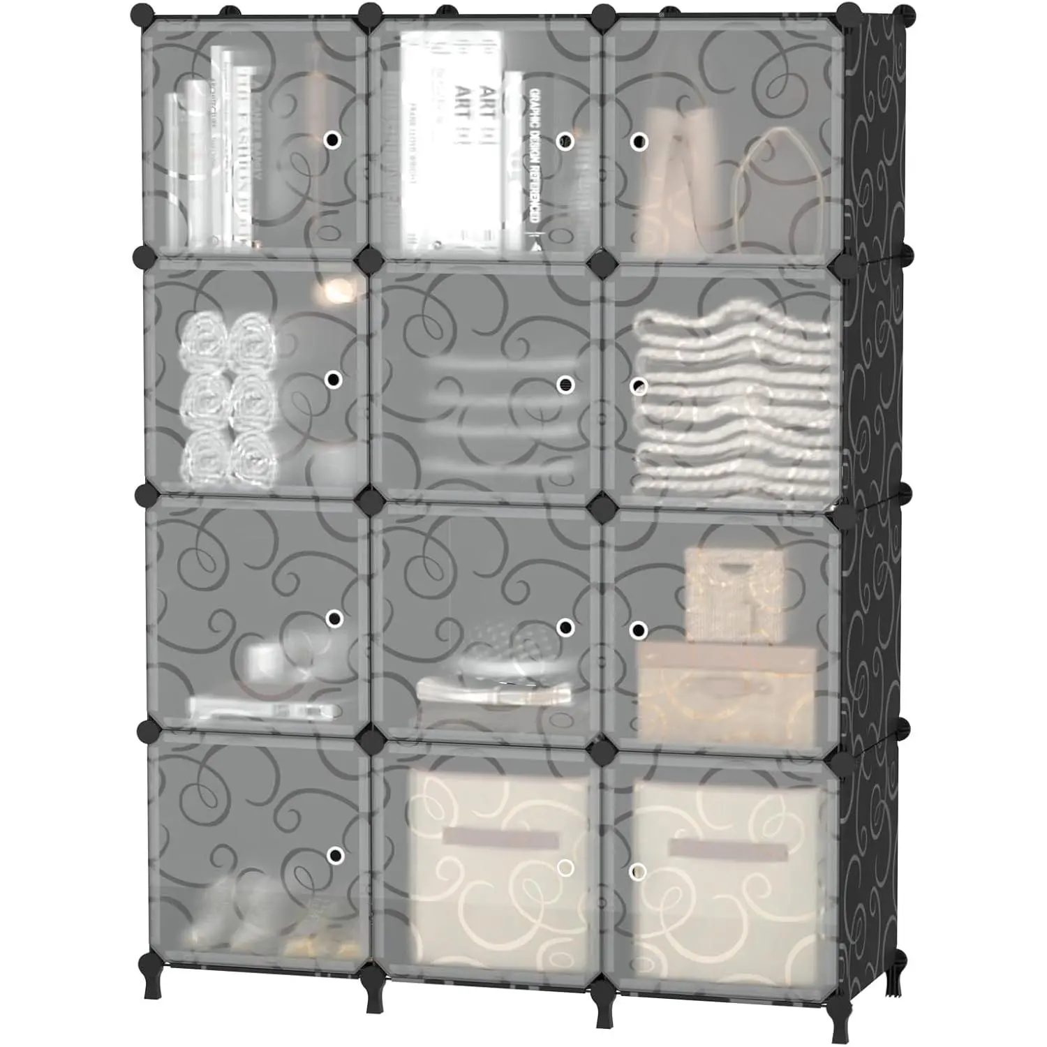12 Cube Storage Organizer with Doors, DIY Plastic Closet Shelf, Modular Bookshelf, Stackable Shelving Rack for Bedroom, Living Room, Black ULPZ012