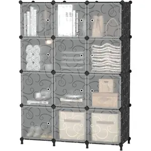 12 Cube Storage Organizer with Doors, DIY Plastic Closet Shelf, Modular Bookshelf, Stackable Shelving Rack for Bedroom, Living Room, Black ULPZ012
