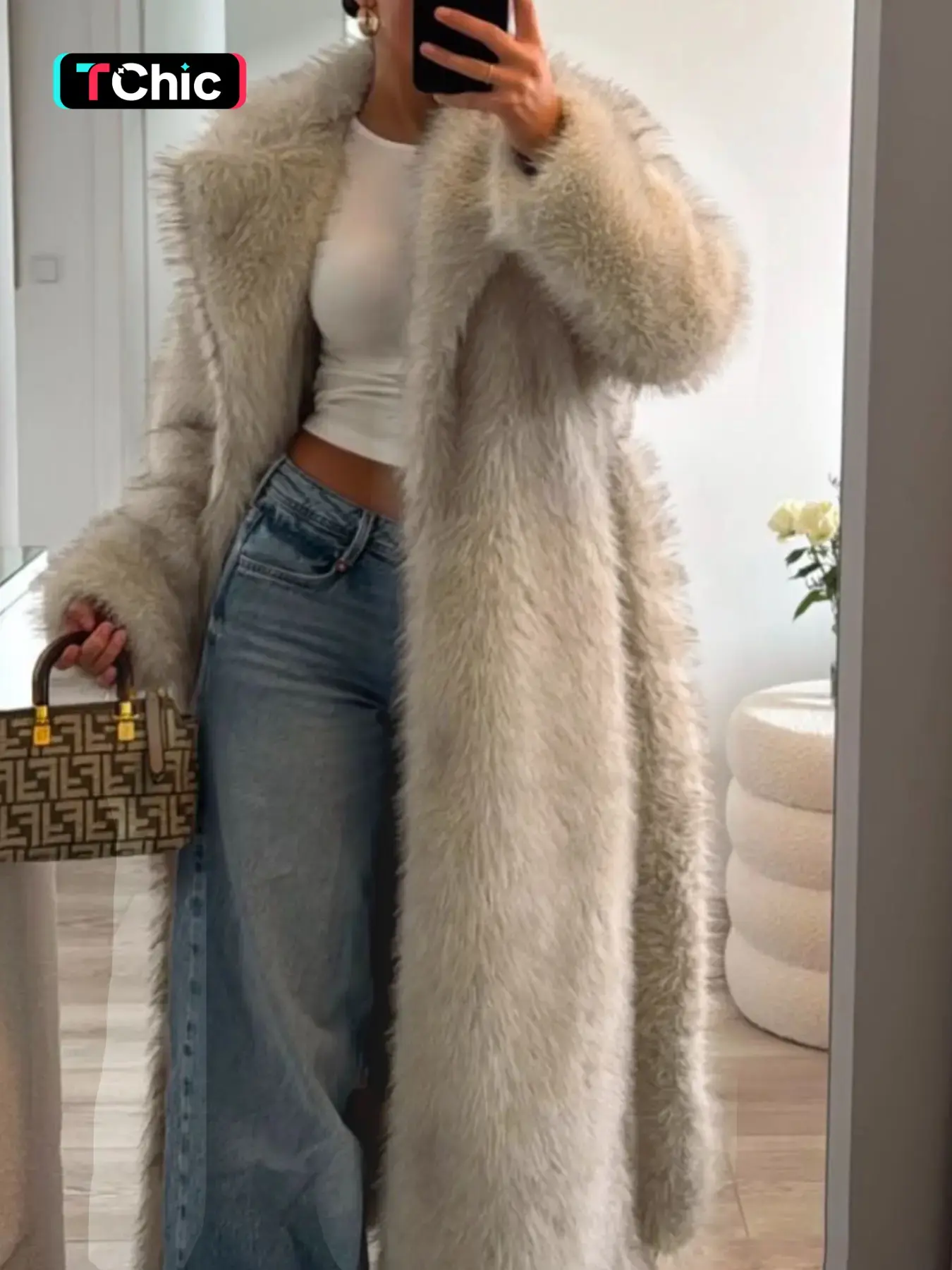 Women's Casual Long Winter Coat, Fashionable Faux Fur Outerwear, Loose-Fitting Plain Design, Fall & Winter Clothing for Women