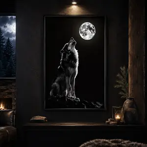 Moon and Wolf Canvas Wall Art, Spooky Animal Poster Print, Gothic Night Forest Wall Decor for Living Room Bedroom Dorm Office, Black Wildlife Artwork, Gift for Wolf Lovers