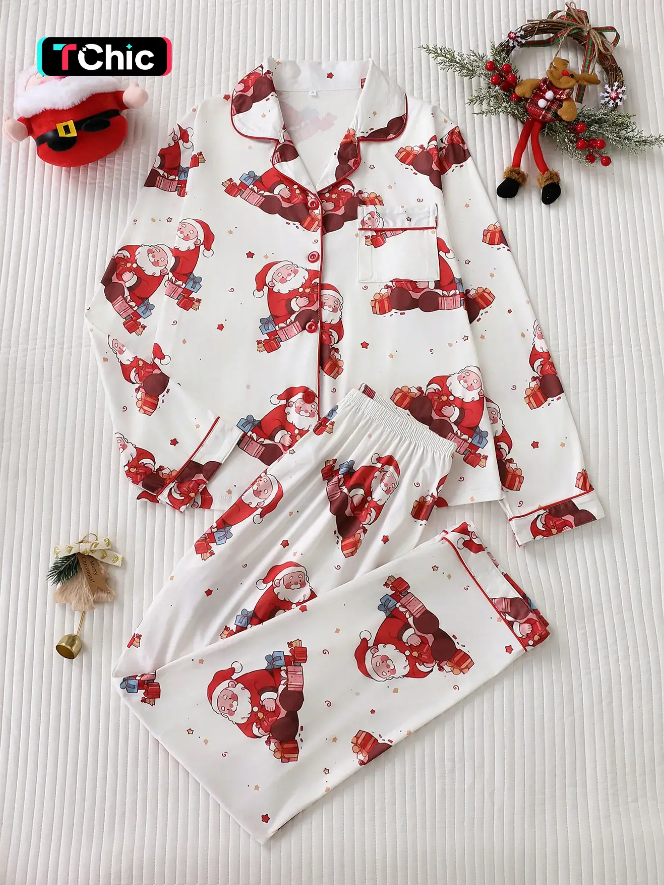 Cartoon Santa Claus Print Women's Long Sleeve Pajama Set, Button Front Loose Top, Elastic Waist Pants, Holiday Casual Home Wear