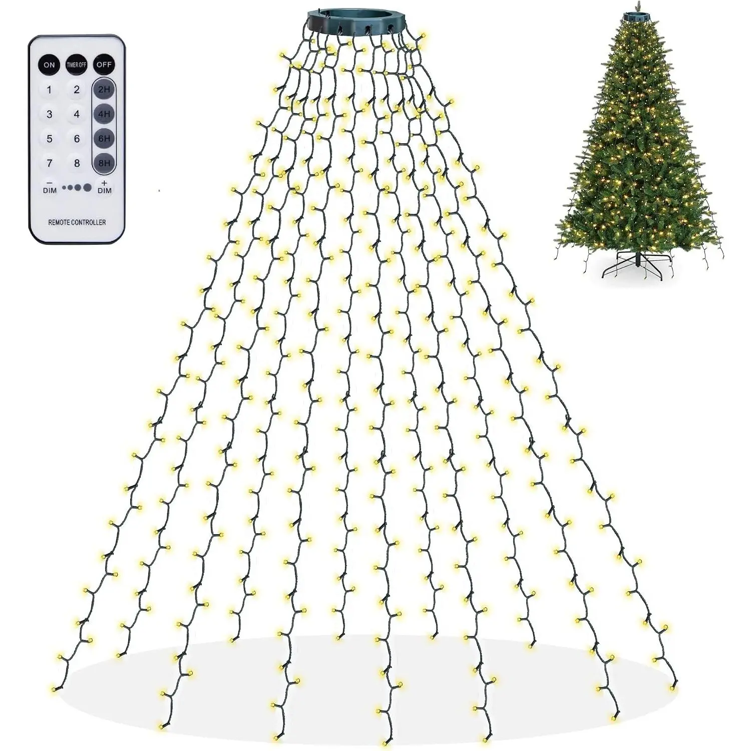 Christmas Tree Lights, 448 LED Waterfall Tree Topper Lights with Remote & 8 Lighting Modes, 8.2FT X 16 Lines Christmas Light for Indoor Outdoor Yard Party Xmas Decoration (Warm White)