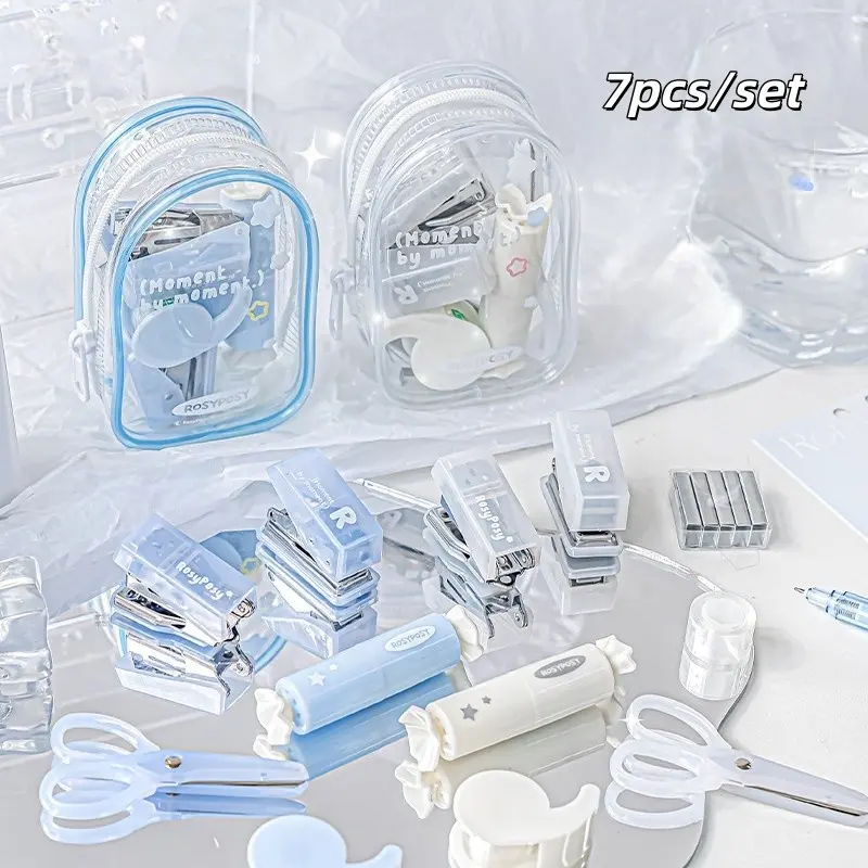 7-Piece Mini Diary Tool Kit, Transparent Jelly Storage Bag, Portable Cute Stationery Set, Includes Highlighter, Stapler, Scissors, Pins, Puncher, Tape