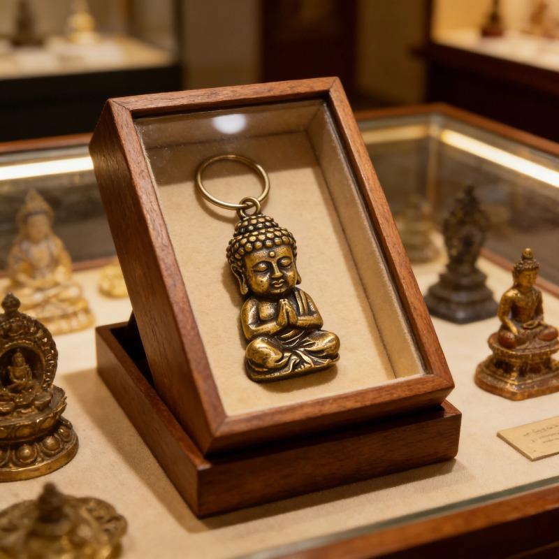 Brass Buddha Pendant Keychain, Mini Handcrafted Lucky Amulet Figurine, Portable Religious Protection Charm for Daily Carrying Bags Keys and Everyday Wear