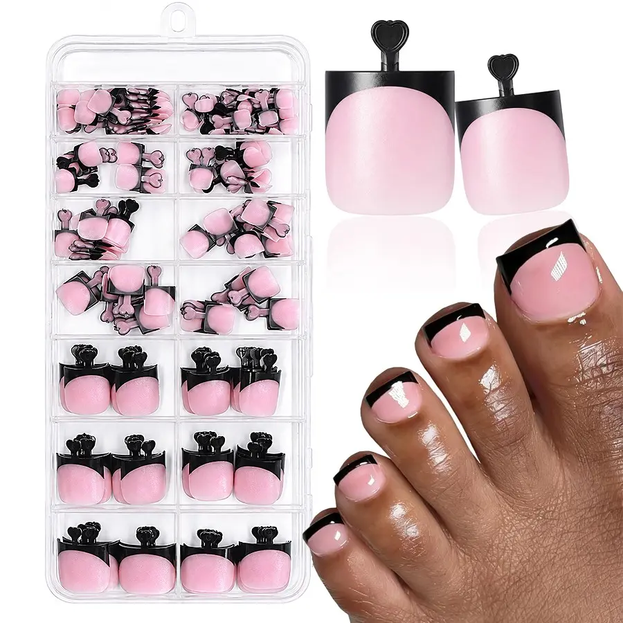 160Pcs French Press On Nails Suitable for Toenails - Classic Black Tip & Matte Nude Pink Short Square False Nails, Full Cover Reusable Artificial Nails for DIY Pedicure, Manicure, Beach Summer, Foot Nail Art Additions