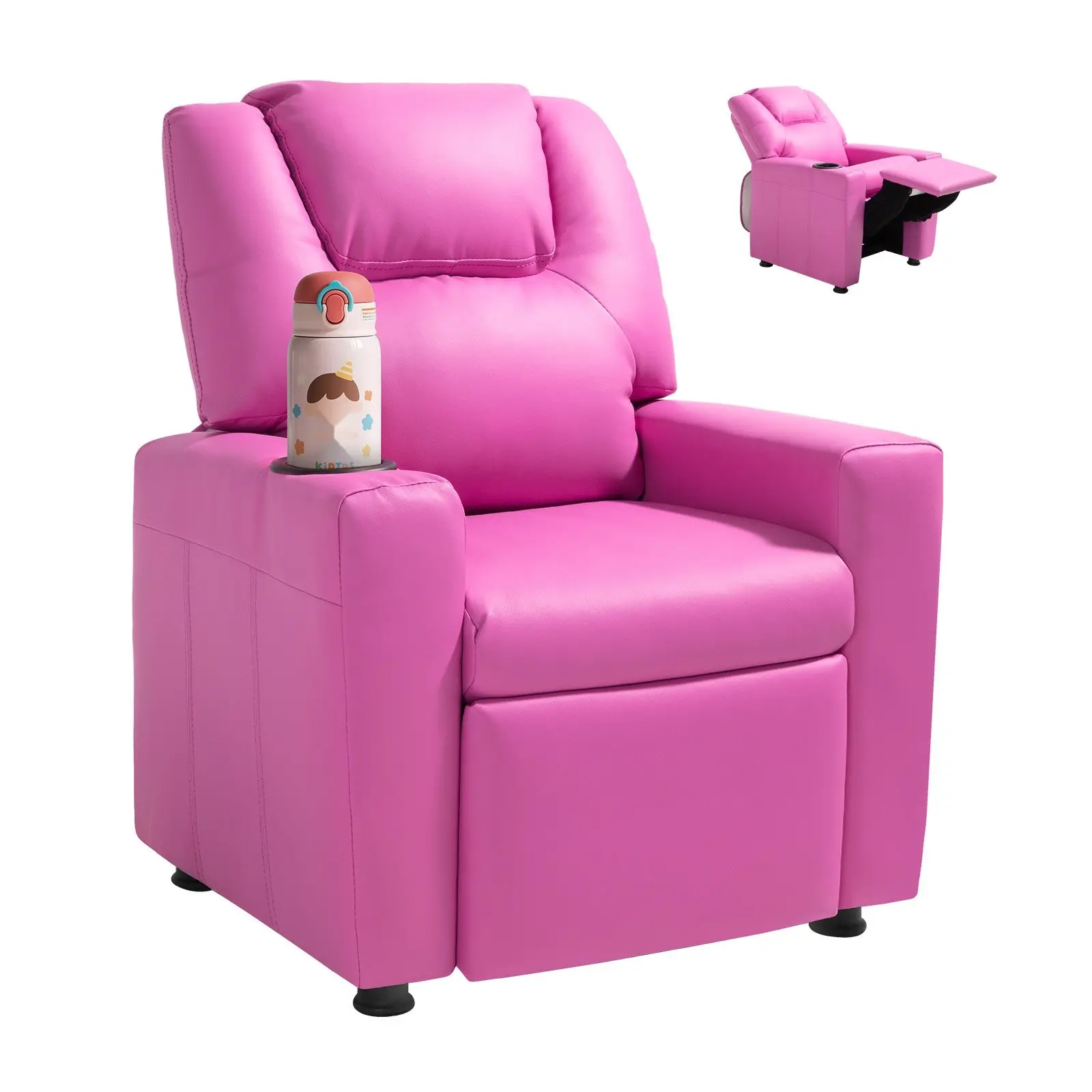Kids Adjustable Reclining Chair - Streamlined Toddler Cushioned Ergonomic PU Leather Seat, 101° to 121° Backrest, Cup Holder, Footrest, Easy-Clean, 90 lbs Capacity, Pink Indoor Living Room Furniture for Reading, Children's Day, Birthdays