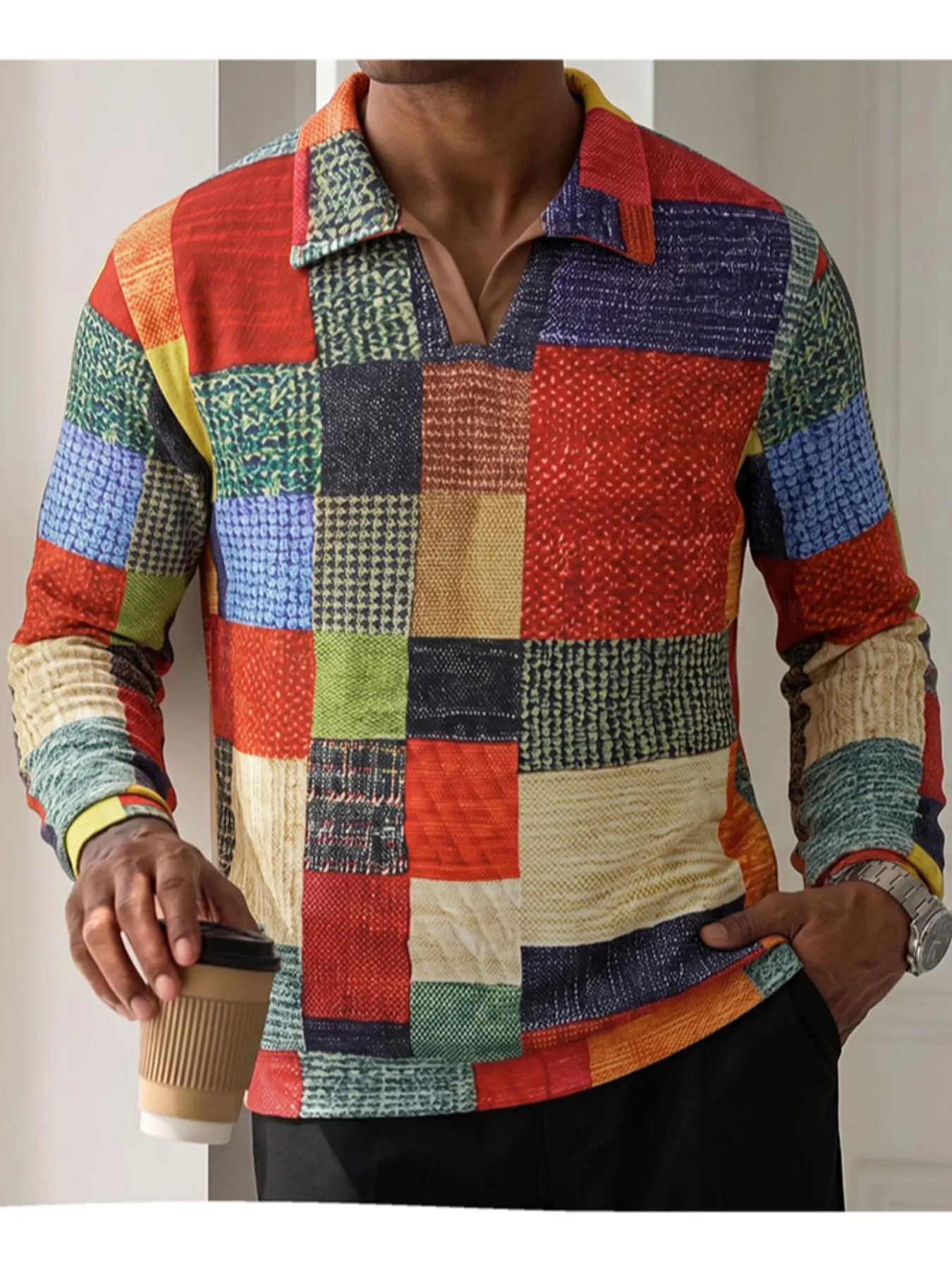 Men's Color Block Patchwork Jacket, Vintage Streetwear Overshirt, Casual Long Sleeve Sweatshirt, Loose-Fitting Animal Pattern Coat, Menswear