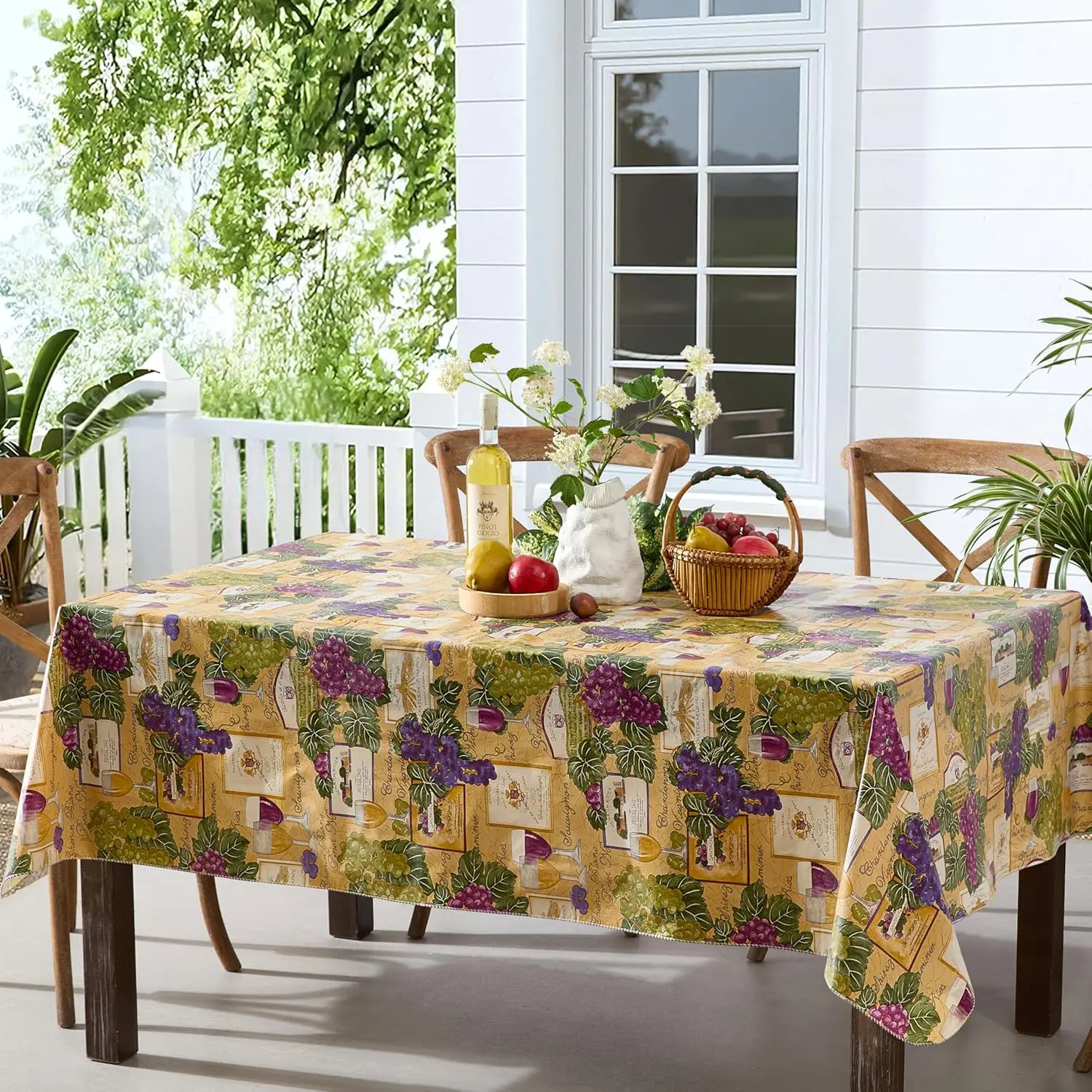 Cellar 60 x 102 Inch Rectangle Vinyl Flannel Backed Tablecloth, Colorful  and Grape Theme Print, Wipe Clean Easy Care Table Cover for Indoor or Outdoor Dining