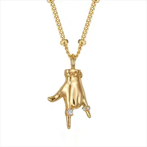 Gold Hand Gesture Necklace for Men/Women - Trendy Dainty Cubic Zirconia Charm Pendant, Fashion Statement Layering Jewelry, Everyday Party Gift