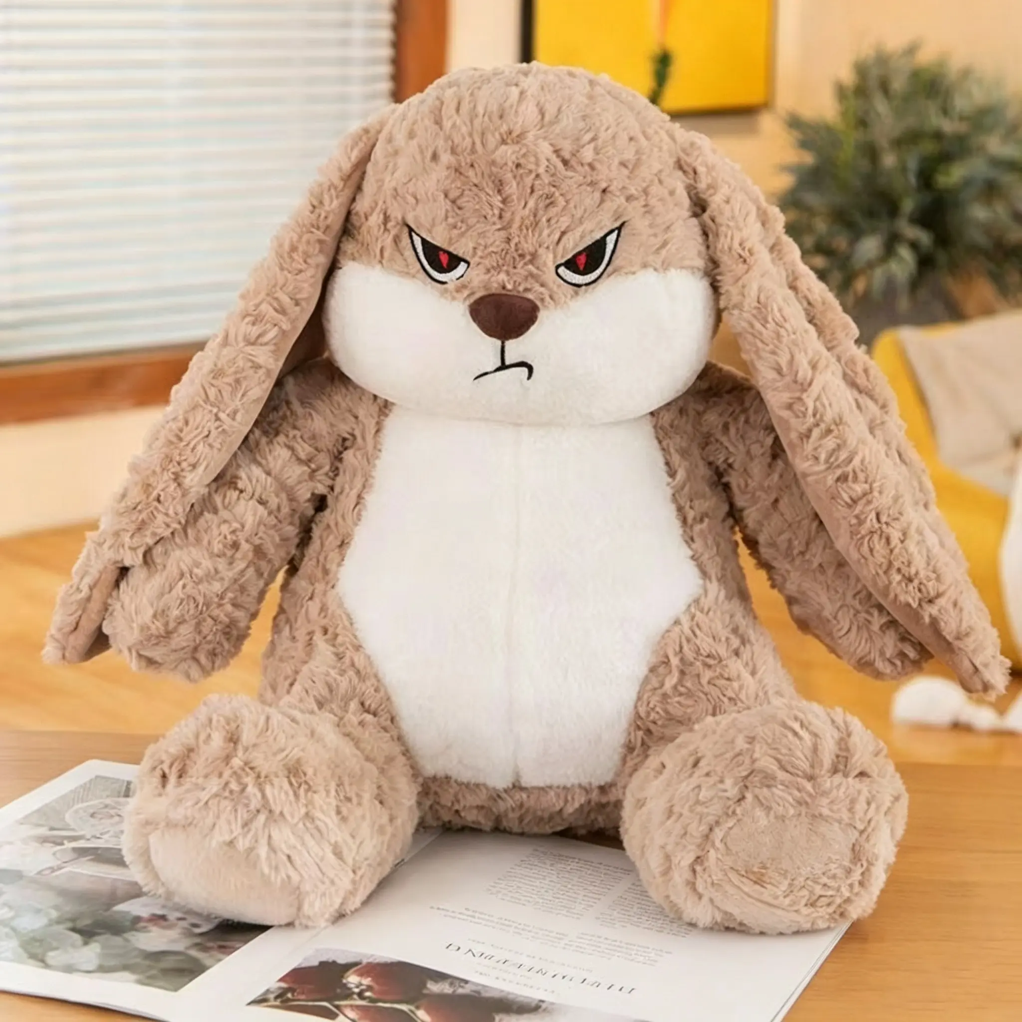 Angry Grumpy Bunny Stuffed Plush Toy, Soft Long Floppy Ear Rabbit Plushie, Cute Sad Face Rabbit Pillow, Home Decor Birthday Gift for Kids