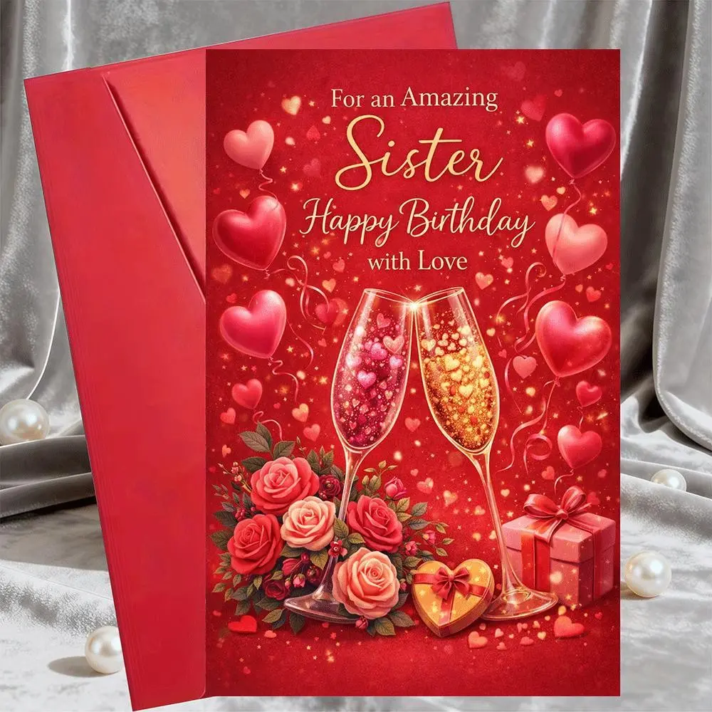 1pc Luxury Sister Birthday Card with Envelope Romantic Rose Heart Champagne Design Emotional Gift for Sister Friend Family Perfect for Birthday Valentine’s Day Christmas Holiday