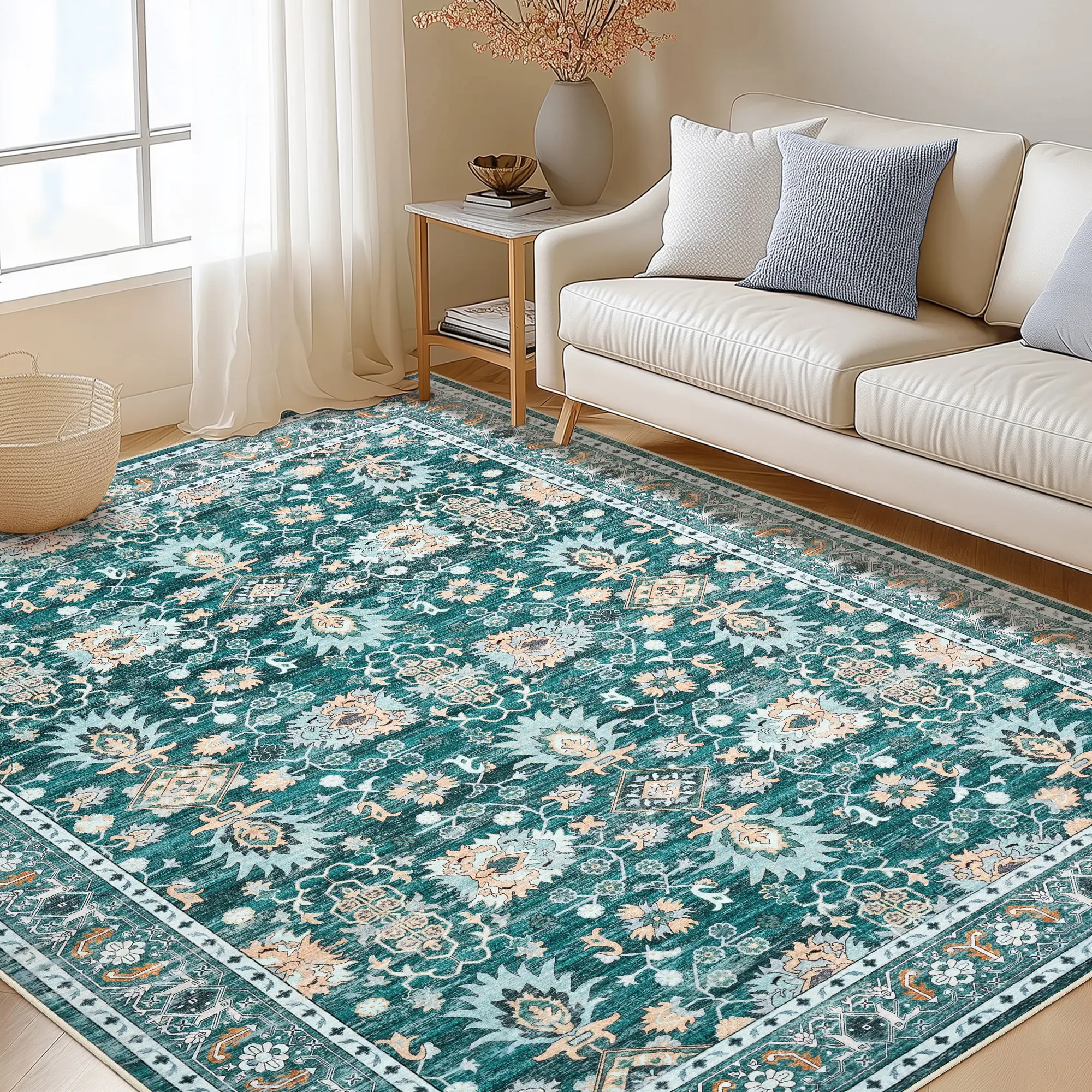 Washable Vintage Area Rug - Soft Low Pile, Non-Slip Carpet for Dining Room & Entryway - Boho Floral Design