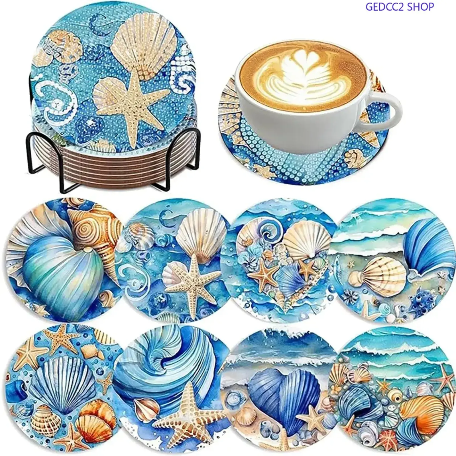 8PCS Ocean Theme Diamond Painting Coaster Kit with Stand, DIY Rhinestone Art Coasters for Adults, Beginners and Craft Lovers