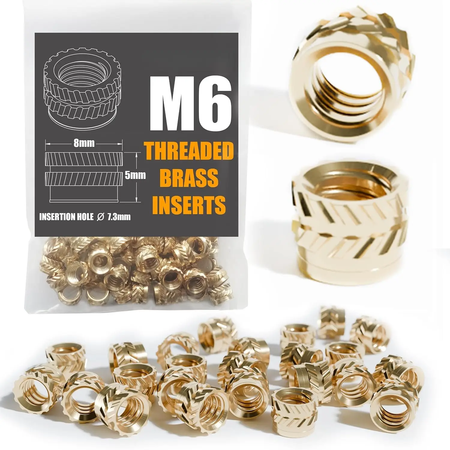 Heat Set Threaded Insert, Brass Inserts - Heat Set Inserts for  Printing, Plastic  & Prototyping | Metric Knurled Nuts for Secure Fastening (M6 x 8 OD x 5 L - 50 count)