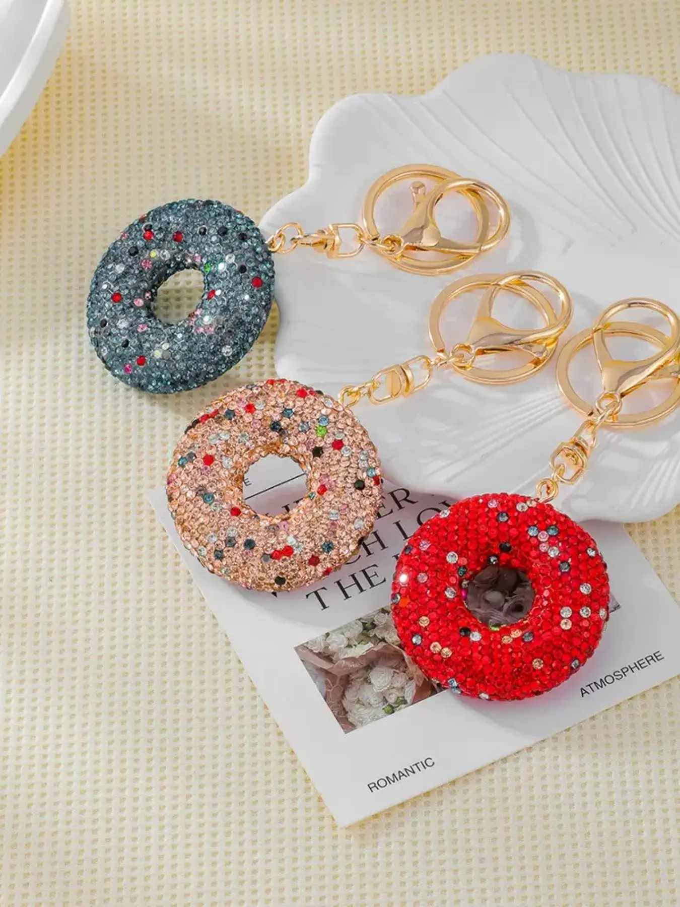 Cute Donut Keychain for Women, Shiny Adorable Key Ring, Car Key Accessory, Lanyard and Backpack Strap, Perfect Gift