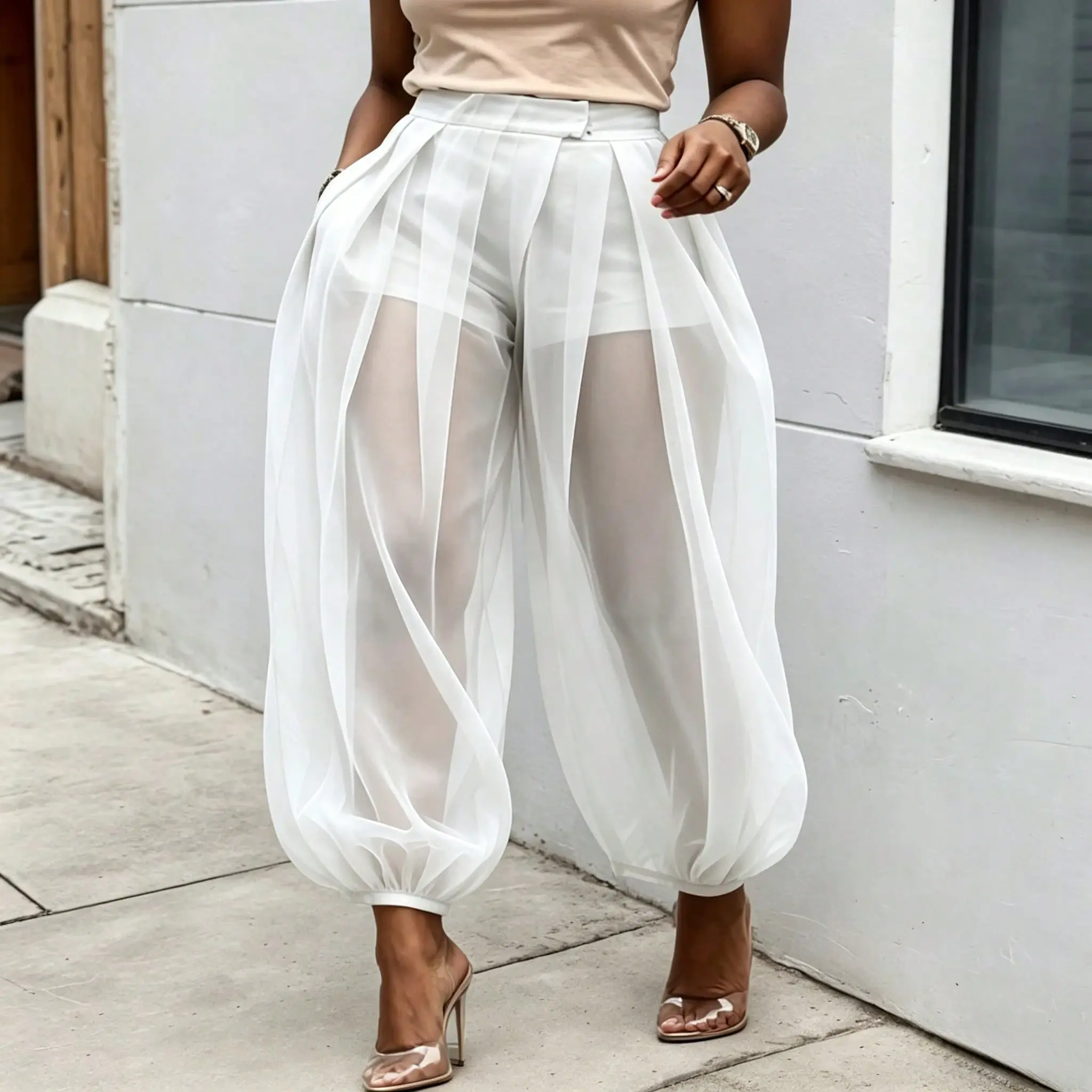 2026 New Semi-Transparent Mesh Solid Color Splicing Loose Semi-Transparent Bloomers Urban Casual Simple Leggings