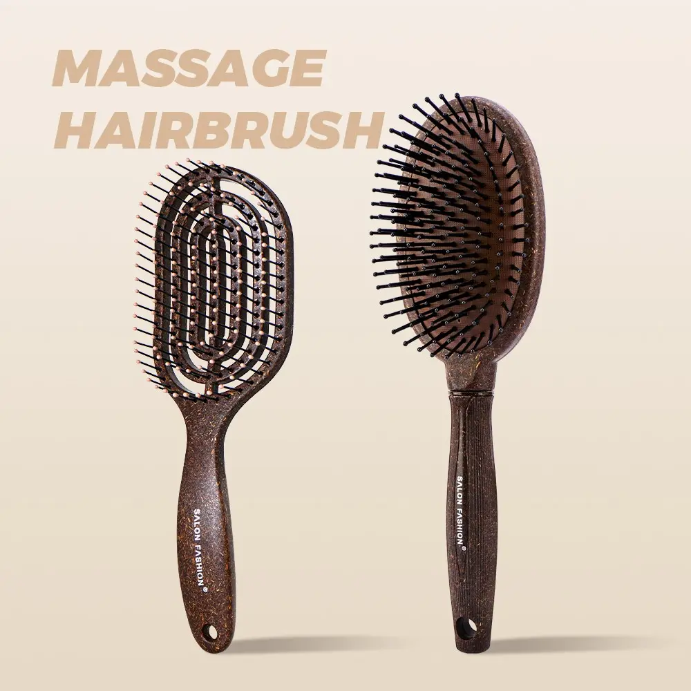 Coconut Coffee Hair Comb Set, Hollow Quick-Dry Bone Comb + Oval Pad Massage Comb, Dry Wet Use, Anti-Tangle Anti-Static, Unisex