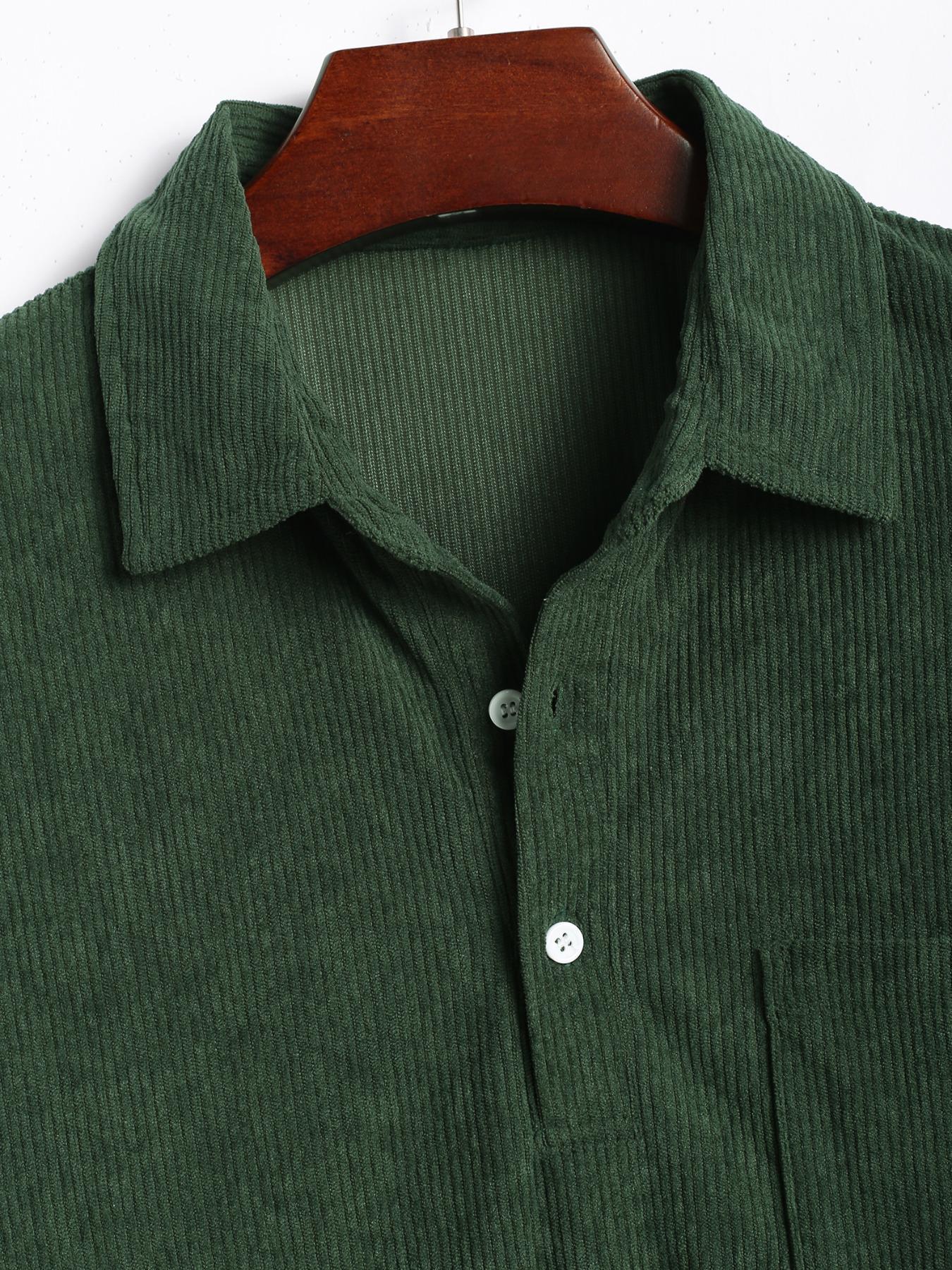 Men's Corduroy Pocket Short Sleeve Shirt, Ink, Casual Loose-Fitting Top, All Seasons, Plain Pattern, H Type,Men's Corduroy Pocket Short Sleeve Shirt, Dark Casual Loose Fit Top, All Seasons Woven Fabric, Moderate Thickness, Casual Comfy Collared