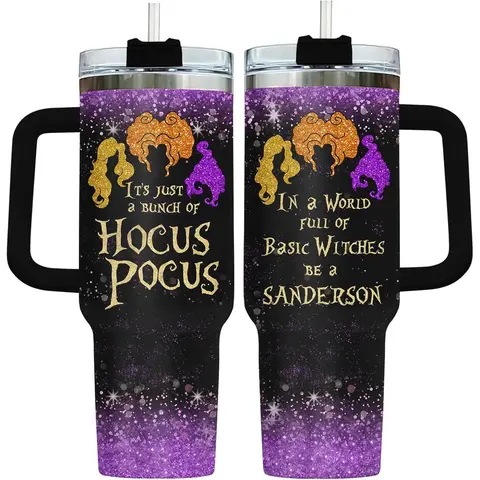 Gradient Purple Glitter Sanderson Sisters Glitter Hair Silhouette Hocus Pocus Witch Quote Print 40oz Stainless Steel Insulated Tumbler with Black Handle Lid Straw, Witchy Movie Fan Travel Coffee Mug, Halloween Christmas Birthday Gift for Hocus Pocus Movie