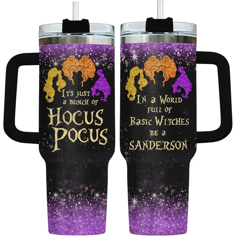 Gradient Purple Glitter Sanderson Sisters Glitter Hair Silhouette Hocus Pocus Witch Quote Print 40oz Stainless Steel Insulated Tumbler with Black Handle Lid Straw, Witchy Movie Fan Travel Coffee Mug, Halloween Christmas Birthday Gift for Hocus Pocus Movie