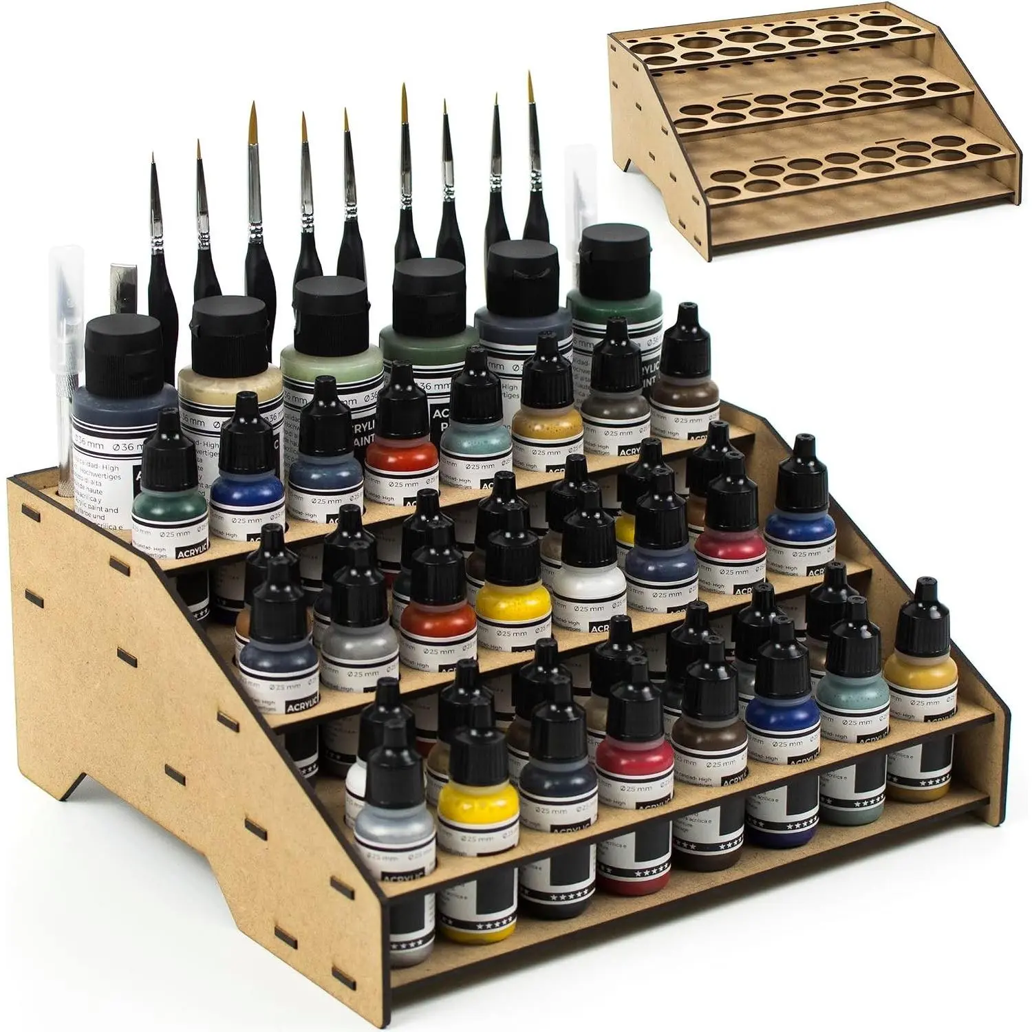 Paint Rack Organizer for Miniature & Model Paints Tabletop Paint Stand with 26mm & 36mm Holes Brush & Tool Holder Artist Room Compatible with Vallejo, Army Painter, AK (Module A)