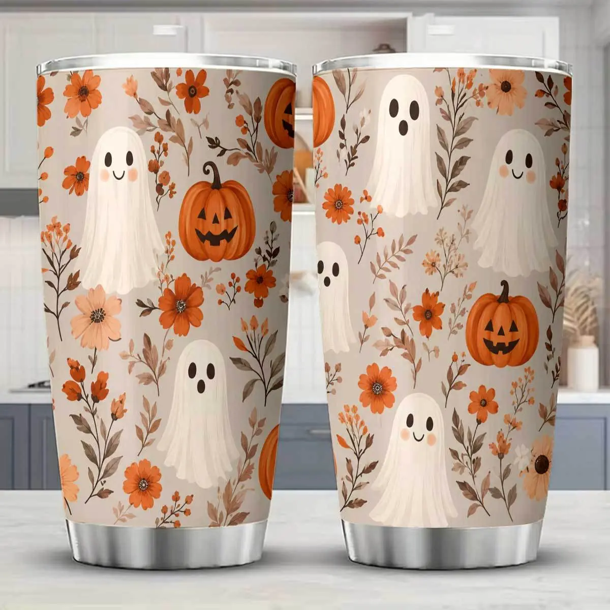 1pc 20Oz Cute Halloween Ghost Pumpkin Floral Pattern Stainless Steel Insulated Tumbler (Insulated Water Bottle) with Leakproof BPA-Free Lid, Hot-Cold Retention for Office-Travel Daily Use, Ideal Halloween Autumn Gift for Friends
