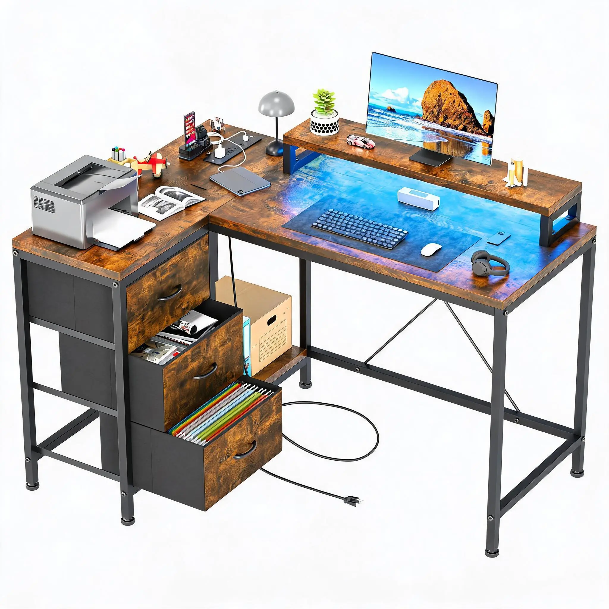 Reversible L-Shaped Corner Desk with Power Outlets & LED Lights - 3 Drawers, Monitor Stand & Storage Shelves, Home Office/Gaming Computer Desk 47 in - Black Willow