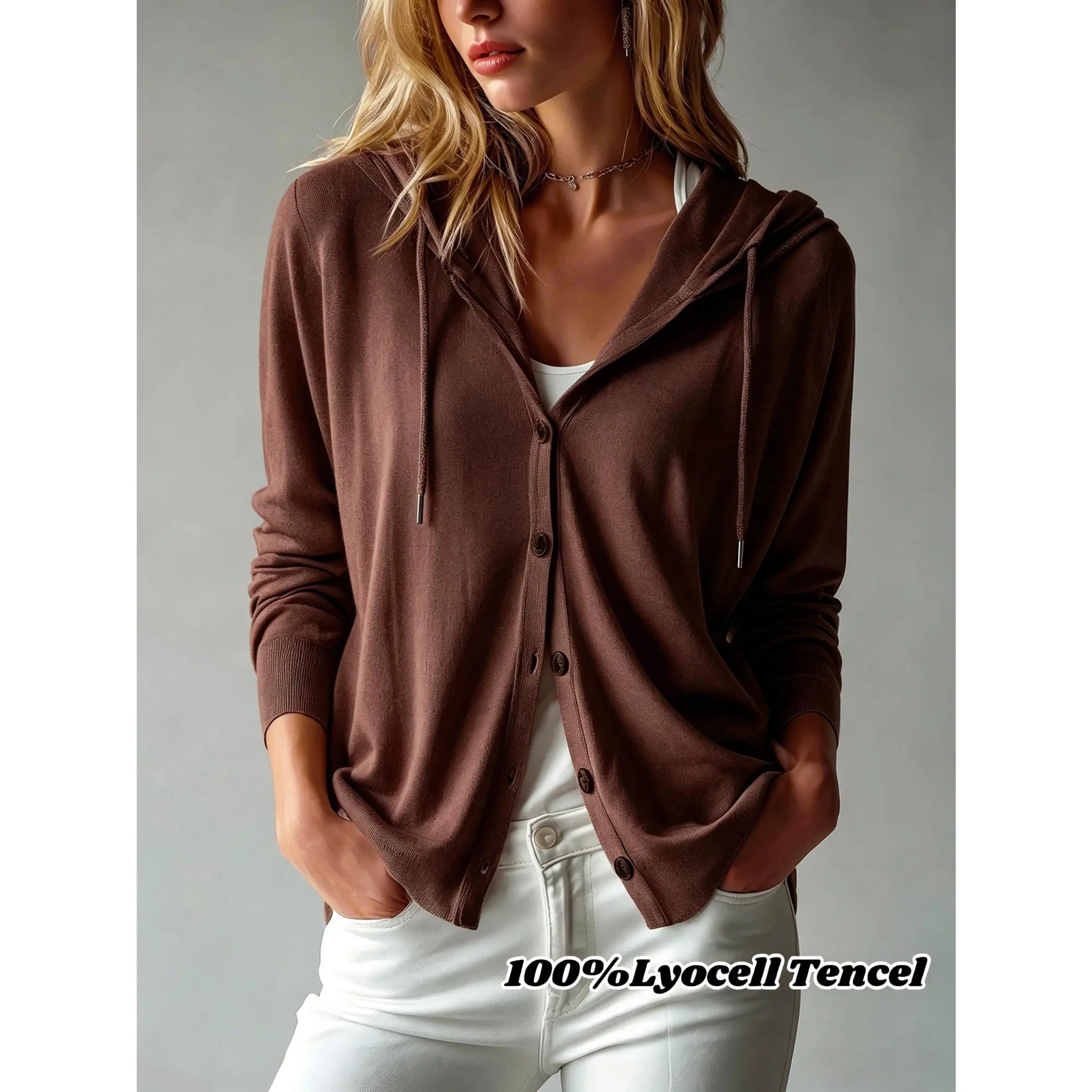 Women's Tencel Hooded Cardigan, Sporty Loose-Fitting Long Sleeve Outerwear for Sun Protection, Soft & Breathable, Hooded Neck, Sun-Protective, Sporty Sports Outerwear