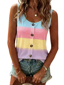 Women's Summer New Tank Top, Fashion Casual Round Neck Sleeveless Knit Button Decor Digital Print Wide Stripes, Leisure Vacation Top
